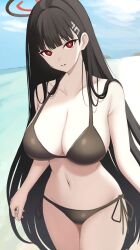 Rule 34 | 1girl, beach, bikini, black bikini, black hair, blue archive, blunt bangs, breasts, bright pupils, cleavage, collarbone, cowboy shot, day, hair ornament, hairclip, halo, highres, large breasts, long hair, looking at viewer, navel, outdoors, parted lips, red eyes, rio (blue archive), side-tie bikini bottom, solo, stomach, surippa1010, swimsuit, very long hair