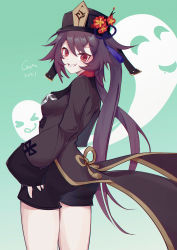 Rule 34 | 1girl, absurdres, artist request, ass, bike shorts, black hair, breasts, chinese clothes, flower, from behind, genshin impact, ghost, grin, hair flower, hair ornament, hat, highres, hu tao (genshin impact), jacket, long hair, looking at viewer, red eyes, short shorts, shorts, sideboob, smile, solo, twintails, very long hair