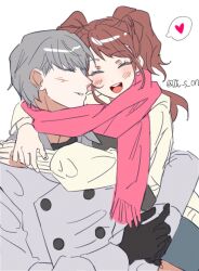 Rule 34 | 1boy, 1girl, :d, ^ ^, alternate costume, arm around waist, arms around neck, black gloves, blush, brown hair, closed eyes, coat, commentary request, couple, gloves, grey coat, grey hair, happy, heart, hetero, highres, hug, joowon (jju oon), korean commentary, kujikawa rise, long hair, long sleeves, narukami yuu, open mouth, persona, persona 4, profile, short hair, simple background, sketch, smile, spoken heart, sweater, teeth, twintails, twitter username, upper teeth only, white background, winter clothes, yellow sweater