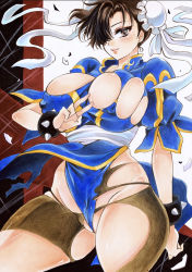 Rule 34 | 1girl, blue dress, blush, bracelet, breasts, brown eyes, brown hair, bun cover, capcom, china dress, chinese clothes, chun-li, covered erect nipples, double bun, dress, hair bun, hair over one eye, highres, huge breasts, jewelry, marker (medium), pantyhose, pelvic curtain, puffy short sleeves, puffy sleeves, sash, short sleeves, smile, solo, spiked bracelet, spikes, street fighter, thick thighs, thighs, torn clothes, torn pantyhose, traditional media, twobee