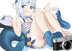 Rule 34 | 1girl, absurdres, barefoot, blue eyes, blue hair, camera, camisole, fang, fins, fish tail, gawr gura, grey hair, hair ornament, highres, holding, holding shoes, hololive, hololive english, impurmotive, medium hair, multicolored hair, panties, pantyshot, shark tail, shoes, simple background, single sock, skin fang, smile, socks, solo, streaked hair, striped clothes, striped panties, tail, toes, two side up, underwear, unworn shoe, unworn shoes, unworn socks, virtual youtuber, white background