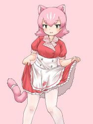 Rule 34 | 1girl, apron, blush, checkered trim, clothes lift, dress, dress lift, extra ears, frilled apron, frilled dress, frills, from side, hair between eyes, highres, japari symbol, kemono friends, maid, maid apron, panther ears, panther girl, panther tail, pantyhose, peach panther (kemono friends), pink hair, puffy short sleeves, puffy sleeves, red dress, short hair, short sleeves, solo, uf34a, upper body, white apron, white pantyhose