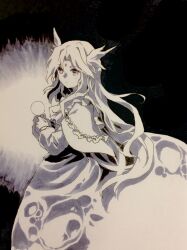 Rule 34 | 1girl, capelet, closed mouth, commentary request, dress, expressionless, forehead jewel, frilled capelet, frills, greyscale, hands up, highres, kaigen 1025, kikuri, long sleeves, looking at viewer, marker (medium), monochrome, orb, solo, touhou, touhou (pc-98), traditional media