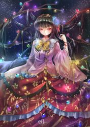 Rule 34 | 1girl, bad id, bad pixiv id, black hair, blunt bangs, bow, bowtie, branch, choker, cowboy shot, dress, embellished costume, highres, houraisan kaguya, jeweled branch of hourai, layered skirt, long hair, long skirt, long sleeves, looking at viewer, night, night sky, parted lips, princess, red eyes, red skirt, ribbon choker, shironeko yuuki, skirt, sky, solo, star (sky), starry sky, touhou, very long hair, wide sleeves, yellow bow, yellow bowtie