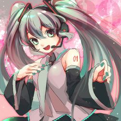 Rule 34 | 1girl, bad id, bad pixiv id, bare shoulders, detached sleeves, green eyes, green hair, hatsune miku, headset, long hair, matching hair/eyes, nail polish, necktie, open mouth, smile, solo, tattoo, twintails, vocaloid, yoko (shiocolor)