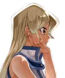 Rule 34 | 1girl, blonde hair, brown eyes, closed mouth, duel academy uniform (yu-gi-oh! gx), hair between eyes, head rest, long hair, portrait, profile, rourou ill, shiny skin, simple background, sleeveless, smile, solo, straight hair, tenjouin asuka, white background, yu-gi-oh!, yu-gi-oh! gx