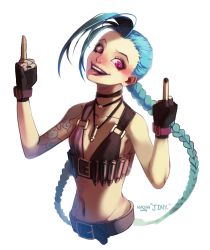 Rule 34 | 1girl, absurdres, belt, blue hair, braid, hairline, highres, jinx (league of legends), league of legends, lipstick, long hair, makeup, middle finger, pink eyes, solo, tattoo, tongue, tongue out, twin braids