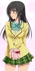 Rule 34 | 00s, 1girl, black hair, blush, gift, highres, kotegawa yui, long hair, md5 mismatch, resolution mismatch, school uniform, solo, source larger, to love-ru, toshi (anime coloring), tsundere, valentine, vector trace