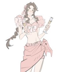 1girl aerith_gainsborough aerith_gainsborough_(floral_delight) braid braided_ponytail breasts brown_hair champagne_flute cleavage cowboy_shot crop_top cup drinking_glass final_fantasy final_fantasy_vii final_fantasy_vii_rebirth final_fantasy_vii_remake flower frilled_sleeves frills green_eyes hair_flower hair_ornament hair_ribbon highres holding holding_cup lentymet light_blush long_hair medium_breasts midriff official_alternate_costume parted_bangs pink_flower pink_ribbon pink_sarong pink_shirt pink_skirt ribbon sarong shirt sidelocks single_braid skirt smile solo standing white_background