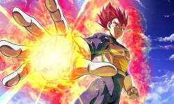 Rule 34 | 1boy, aiming, armor, aura, clenched hand, cloud, commentary request, dragon ball, dragon ball super, dragon ball super broly, foreshortening, frown, gloves, highres, male focus, muscular, muscular male, red eyes, red hair, sekitsuki hayato, serious, sky, solo, super saiyan, super saiyan god, vegeta, white gloves