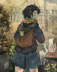 Rule 34 | . ., 1girl, :&lt;, animal, artist logo, backlighting, backpack, bag, bandaid, bandaid on cheek, bandaid on face, black eyes, black hair, black horns, black jacket, blue skirt, brown bag, building, bush, cat, closed mouth, cowboy shot, dappled sunlight, dated, drawstring, fantasy, from behind, from side, ghost, hands up, hazard stripes, highres, holding strap, horns, jacket, light particles, long sleeves, looking at viewer, looking back, manhole, messy hair, miniskirt, multiple cats, oni, oni horns, original, outdoors, plaid, plaid scarf, plant, pleated skirt, pocket, profile, road, road sign, scarf, scenery, school uniform, shade, short hair, sideways glance, sideways mouth, sign, simz, skirt, smile, solo, standing, street, sunlight, transparent, tree, winter clothes, yellow scarf