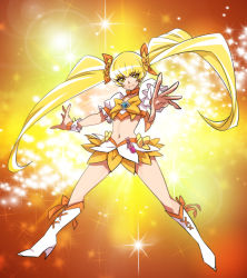 Rule 34 | 10s, 1girl, blonde hair, boots, bow, brooch, cure sunshine, hair ribbon, heart, heart brooch, heartcatch precure!, knee boots, long hair, magical girl, midriff, myoudouin itsuki, namiki (artist), navel, orange bow, precure, ribbon, skirt, smile, solo, twintails, yellow bow, yellow eyes
