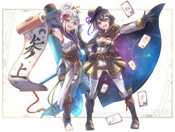 Rule 34 | 2girls, absurdres, alternate costume, armpits, barefoot, black hair, boots, breasts, card, clear glass (mildmild1311), cleavage, cloak, fire emblem, fire emblem awakening, fire emblem fates, gloves, hand on own hip, hand up, hat, highres, holding, holding scroll, kana (female) (fire emblem), kana (fire emblem), looking at viewer, morgan (female) (fire emblem), morgan (fire emblem), multiple girls, ninja, nintendo, open mouth, phantom thief, scarf, scroll, short hair, small breasts, smile, white hair