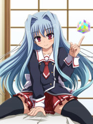 Rule 34 | 10s, 1girl, absurdres, bad id, bad pixiv id, blue hair, blush, cube x cursed x curious, fear kubrick, flat chest, highres, ishida seito, long hair, looking at viewer, red eyes, school uniform, serafuku, skirt, smile, solo, thighhighs