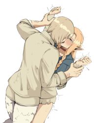 Rule 34 | 2girls, absurdres, blonde hair, blush, chimera, dungeon meshi, elf, evaleen d, falin touden, falin touden (chimera), french kiss, green eyes, highres, kiss, long hair, marcille donato, multiple girls, pointy ears, simple background, tongue, yuri