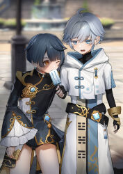 Rule 34 | 2boys, absurdres, belt, blue eyes, blue hair, blue shorts, blurry, blurry background, brooch, chinese clothes, chongyun (genshin impact), cowboy shot, day, earrings, eating, food, food in mouth, frilled shirt collar, frills, genshin impact, highres, holding, hood, hoodie, implied yaoi, jewelry, long sleeves, looking at another, makoto (xxgk5833), male focus, multiple boys, one eye closed, open mouth, phallic symbol, popsicle, sexually suggestive, short hair, shorts, single earring, teeth, upper teeth only, white hoodie, xingqiu (genshin impact), yellow eyes