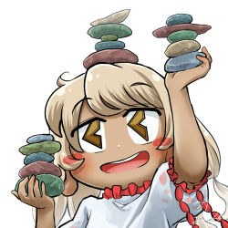 Rule 34 | 1girl, balancing on head, chamaji, commentary, dark-skinned female, dark skin, earlobes, ebisu eika, frilled shirt, frills, holding, holding rock, long earlobes, looking at viewer, lowres, open mouth, puffy short sleeves, puffy sleeves, rock, rock balancing, shirt, short hair, short sleeves, smile, solo, stack, stacking, stone, touhou, upper body, white background