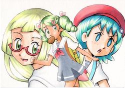 Rule 34 | 3girls, :o, blonde hair, blue eyes, bread slice, bright pupils, commentary request, creatures (company), dark-skinned female, dark skin, dress, eyelashes, food, food in mouth, freckles, game freak, green eyes, green hair, grey dress, hair ornament, hat, highres, lana (pokemon), lillie (pokemon), long hair, mallow (pokemon), mouth hold, multiple girls, nintendo, oka mochi, open mouth, pokemon, pokemon (anime), pokemon sm (anime), red headwear, semi-rimless eyewear, shirt, short sleeves, smile, strap, toast, toast in mouth, tongue, traditional media, twintails, white pupils, white shirt