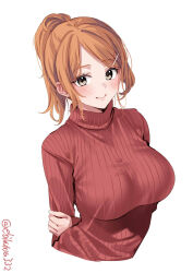 Rule 34 | 1girl, aquila (kancolle), blush, breasts, brown eyes, closed mouth, ebifurya, high ponytail, highres, kantai collection, large breasts, long hair, long sleeves, looking at viewer, one-hour drawing challenge, orange hair, red sweater, ribbed sweater, simple background, smile, solo, sweater, twitter username, upper body, wavy hair, white background