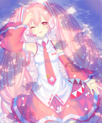 Rule 34 | 1girl, ahoge, bad id, bad pixiv id, bare shoulders, cherry blossoms, collared shirt, detached sleeves, flower, hair flower, hair ornament, hand on own forehead, hatsune miku, headset, looking at viewer, lying, miri (cherryjelly), necktie, on back, one eye closed, pink eyes, pink hair, sakura miku, shadow, shirt, skirt, solo, tie clip, twintails, vocaloid