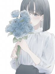 Rule 34 | 1girl, blouse, blue eyes, blue flower, blue hair, blue rose, colored inner hair, commentary, fingernails, flower, grey hair, hair between eyes, highres, holding, holding flower, leaf, light blue hair, long sleeves, looking at viewer, multicolored hair, nail polish, one eye covered, original, parted lips, pink lips, pink nails, rose, shirt, short hair, simple background, sleeves past wrists, solo, upper body, white background, white hair, white shirt, yuum1709