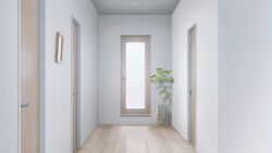 door hallway highres indoors mogumogu_(pixiv_88671558) no_humans original plant potted_plant scenery