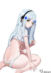 Rule 34 | 1girl, absurdres, arm support, barefoot, black hairband, blue hair, blush, breasts, butt crack, chinese commentary, closed mouth, commentary, crop top, cropped shirt, cross hair ornament, dated, feet out of frame, girls&#039; frontline, green eyes, hair between eyes, hair ornament, hairband, highres, hk416 (girls&#039; frontline), long hair, looking at viewer, looking back, medium breasts, panties, shadow, shirt, short sleeves, sidelocks, signature, simple background, sitting, soles, solo, thighs, underboob, underwear, wariza, white background, white panties, white shirt, xiqinhaohaochi