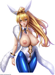 Rule 34 | 1girl, absurdres, animal ears, artoria pendragon (all), artoria pendragon (fate), artoria pendragon (swimsuit ruler) (fate), blonde hair, breasts, breasts out, cowboy shot, cropped legs, detached collar, fake animal ears, fate/grand order, fate (series), feather boa, green eyes, hair between eyes, highres, large breasts, leotard, limgae, long hair, looking at viewer, navel, nipples, pantyhose, playboy bunny, ponytail, rabbit ears, solo, twitter username, watermark, web address, white background, wrist cuffs