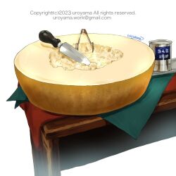 Rule 34 | artist name, cheese, copyright notice, email address, food, food focus, highres, no humans, original, parmesan cheese, table, tin (container), tongs, uroyama (macrophage), white background