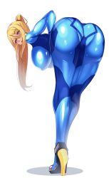 Rule 34 | 1girl, absurdres, ass, ass focus, bent over, blonde hair, blue bodysuit, blue eyes, blush, bodysuit, breasts, hanging breasts, high heels, highres, huge ass, impossible bodysuit, impossible clothes, large breasts, metroid, nintendo, samus aran, shiny clothes, simple background, skin tight, solo, top-down bottom-up, volyz, white background, zero suit