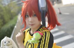 Rule 34 | 1girl, aiba ami, aiba ami (cosplay), blue eyes, cosplay, digimon, female focus, looking at viewer, palmon, photo (medium), real life, red hair, smile, solo, terriermon