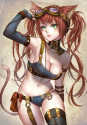 Rule 34 | 1girl, adjusting goggles, animal ears, arm at side, armpits, bare shoulders, belt, belt pouch, blue bra, blue panties, blush, bra, breasts, buckle, cameltoe, cat ears, cat tail, chain, choker, cleavage, cowboy shot, cross-laced clothes, cross-laced legwear, detached collar, detached sleeves, eyelashes, gears, gluteal fold, goggles, goggles on head, green eyes, groin, jewelry, leaning to the side, lips, lma, long hair, navel, o-ring, original, panties, parted lips, pouch, red hair, red lips, ring, signature, single thighhigh, solo, steampunk, tail, thighhighs, twintails, underwear, underwear only, very long hair