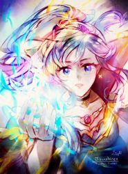 Rule 34 | 1girl, colorful, electricity, fire emblem, fire emblem: genealogy of the holy war, fire emblem heroes, highres, ishtar (fire emblem), liefe, looking at viewer, multicolored background, nintendo, parted lips, signature