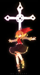 Rule 34 | 1girl, blonde hair, cross, embodiment of scarlet devil, female focus, hair ribbon, necktie, outstretched arms, red eyes, ribbon, rumia, short hair, solo, spread arms, touhou, yuhiko, yukiho (artist)