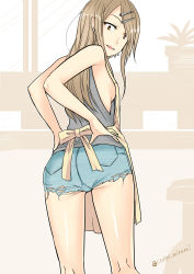 Rule 34 | 10s, 1girl, absurdres, apron, ass, bare shoulders, breasts, brown eyes, cutoffs, dagashi kashi, denim, denim shorts, earrings, endou saya, fang, from behind, geminiboar, hair ornament, hairclip, highres, jewelry, kneepits, legs, long hair, looking back, open mouth, short hair, short shorts, shorts, sideboob, small breasts, smile, solo, tank top, torn clothes, torn shorts, twitter username