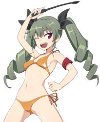 Rule 34 | 10s, 1girl, anchovy (girls und panzer), bikini, drill hair, girls und panzer, grey hair, long hair, nanashino, purple eyes, riding crop, solo, swimsuit, twin drills, twintails