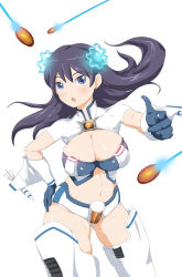Rule 34 | 1girl, :o, bigwednesday, black hair, blue eyes, breasts, cleavage, cleavage cutout, clothing cutout, cowboy shot, earrings, finger gun, gloves, gradius, hair ornament, halterneck, hand on own hip, highres, jewelry, large breasts, laser, long hair, mecha musume, midriff, missile, navel, options, personification, simple background, solo, thighhighs, thighs, vambraces, vic viper, white background, wings