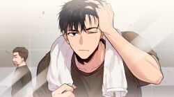 Rule 34 | 2boys, brown eyes, brown hair, brown shirt, character request, expressionless, hands in hair, jeong taeui, kangjak, looking at mirror, male focus, mirror, multiple boys, one eye closed, passion (manhwa), shirt, solo focus, tagme, tile wall, tiles, towel, wet, wet hair, white towel