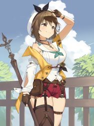 Rule 34 | 1girl, absurdres, atelier (series), atelier ryza, atelier ryza 2, beret, blue sky, breasts, brown eyes, brown gloves, brown hair, brown thighhighs, cleavage, closed mouth, cloud, day, detached sleeves, fingerless gloves, gloves, hat, highres, holding, holding staff, jewelry, key, key necklace, large breasts, looking away, mashilemo, necklace, outdoors, red shorts, reisalin stout, short hair, short shorts, shorts, single detached sleeve, single thighhigh, sky, smile, solo, staff, thighhighs, thighs, white hat