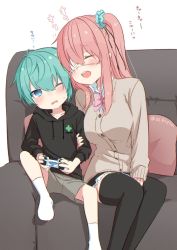Rule 34 | 1boy, 1girl, black thighhighs, blue hair, blush, child, closed eyes, controller, couch, game controller, highres, hood, hoodie, long hair, mole, nei (os), one eye closed, open mouth, original, os (os fresa), pink hair, playing games, short hair, shorts, side ponytail, sitting, souta (os), thighhighs, translated, twitter username