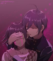 Rule 34 | 2boys, ahoge, black hair, black jacket, blood, bloody tears, brown eyes, checkered clothes, checkered scarf, collarbone, commentary request, covering another&#039;s eyes, danganronpa (series), danganronpa v3: killing harmony, ewa (seraphhuiyu), gradient background, hair between eyes, hand on another&#039;s shoulder, highres, jacket, long sleeves, male focus, multiple boys, open mouth, oma kokichi, parted lips, pink background, pink blood, purple hair, saihara shuichi, scarf, shaded face, short hair, straitjacket, teeth, upper body, yaoi