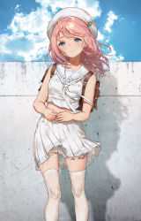 Rule 34 | 1girl, backpack, bag, bare arms, bare shoulders, beret, blue eyes, cloud, commentary, crop top, day, hat, highres, long hair, looking at viewer, midriff, neckerchief, original, outdoors, pink hair, pleated skirt, sailor collar, school uniform, serafuku, shadow, shirt, skirt, sky, sleeveless, sleeveless shirt, smile, solo, standing, thighhighs, white hat, white serafuku, white shirt, white skirt, white thighhighs, yutsumoe, zettai ryouiki