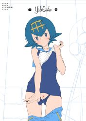 Rule 34 | 1girl, blue eyes, blue hair, blush, breasts, cleft of venus, clothes lift, clothes pull, clothing aside, covered erect nipples, creatures (company), game freak, lana (pokemon), looking at viewer, nintendo, one-piece swimsuit, pants, pants pull, pokemon, pokemon sm, pussy, shirt lift, short hair, small breasts, solo, standing, sweat, swimsuit, swimsuit aside, swimsuit under clothes, trial captain, uncensored, xxzero