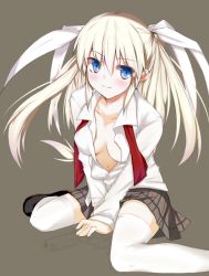 Rule 34 | 1girl, bad id, bad pixiv id, blonde hair, blue eyes, deanoia, little busters!, long hair, no bra, open clothes, open shirt, school uniform, shirt, solo, thighhighs, tokido saya, twintails