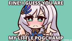 Rule 34 | 1girl, artist name, blush, braid, braided bangs, chibi, chroneco, commentary, earrings, english commentary, english text, feather hair ornament, frown, green background, green eyes, hair ornament, hololive, hololive indonesia, jewelry, meme, my little pogchamp (meme), nose blush, open hands, outstretched arms, pavolia reine, side ponytail, silver hair, single earring, solo, v-shaped eyebrows, virtual youtuber