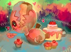 Rule 34 | cake, commission, cookie, creatures (company), cupcake, eating, eyelashes, food, food focus, fruit, full body, game freak, gen 3 pokemon, glitchedpuppet, happy, heart, lying, multicolored background, nintendo, no humans, on back, pokemon, pokemon (creature), pokemon rse, signature, solo, strawberry, trapinch