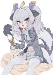 Rule 34 | 1girl, absurdres, animal ears, bow, bowtie, dragon girl, dragon horns, dragon tail, extra ears, fingerless gloves, food, gloves, grey eyes, grey hair, highres, horns, kemono friends, kunikuni (kunihiro2005), long hair, looking at viewer, navel, shirt, simple background, skirt, solo, sweets, tail, thighhighs, twintails, white dragon (kemono friends)