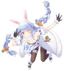 Rule 34 | 1girl, animal ear fluff, animal ears, arm up, armpits, bare shoulders, bent over, black gloves, blue hair, braid, breasts, bridal garter, brown pantyhose, carrot, carrot hair ornament, closed mouth, coat, detached collar, detached sleeves, extra ears, floating hair, food-themed hair ornament, fur collar, gloves, gluteal fold, hair ornament, hololive, leotard, long hair, looking at viewer, low twintails, official art, one eye closed, outstretched arm, pantyhose, playboy bunny, rabbit ears, rabbit girl, rabbit tail, red eyes, shoes, sidelocks, small breasts, smile, solo, strapless, thick eyebrows, tomari (veryberry00), twin braids, twintails, usada pekora, usada pekora (1st costume), v, very long hair, virtual youtuber, white coat, white footwear