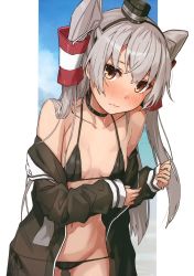 Rule 34 | 1girl, absurdres, amatsukaze (kancolle), bare shoulders, beach, bikini, black bikini, black choker, black hairband, black shirt, blouse, blush, breasts, brown eyes, choker, closed mouth, collarbone, day, embarrassed, frown, hair tubes, hairband, hat, highres, kantai collection, long hair, long sleeves, looking at viewer, mini hat, navel, nose blush, off shoulder, open clothes, open shirt, outdoors, outside border, scan, shirt, silver hair, sleeves past wrists, small breasts, smoke, solo, swimsuit, takanashi kei (hitsujikan), two side up, upper body, very long hair