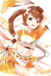 Rule 34 | 1girl, :d, arm up, blush, bow, breasts, brown eyes, brown hair, commentary request, cowboy shot, crop top, dual wielding, fire, folding fan, gem, groin, hand fan, highres, holding, holding fan, itoyoshi tsumugi, japanese clothes, kimono, kimono skirt, long hair, looking at viewer, magia record: mahou shoujo madoka magica gaiden, magical girl, mahou shoujo madoka magica, midriff, miniskirt, navel, open mouth, orange bow, orange kimono, orange skirt, outline, red gemstone, short sleeves, side ponytail, sidelocks, simple background, skirt, small breasts, smile, solo, waist bow, white background, wristband, yui tsuruno